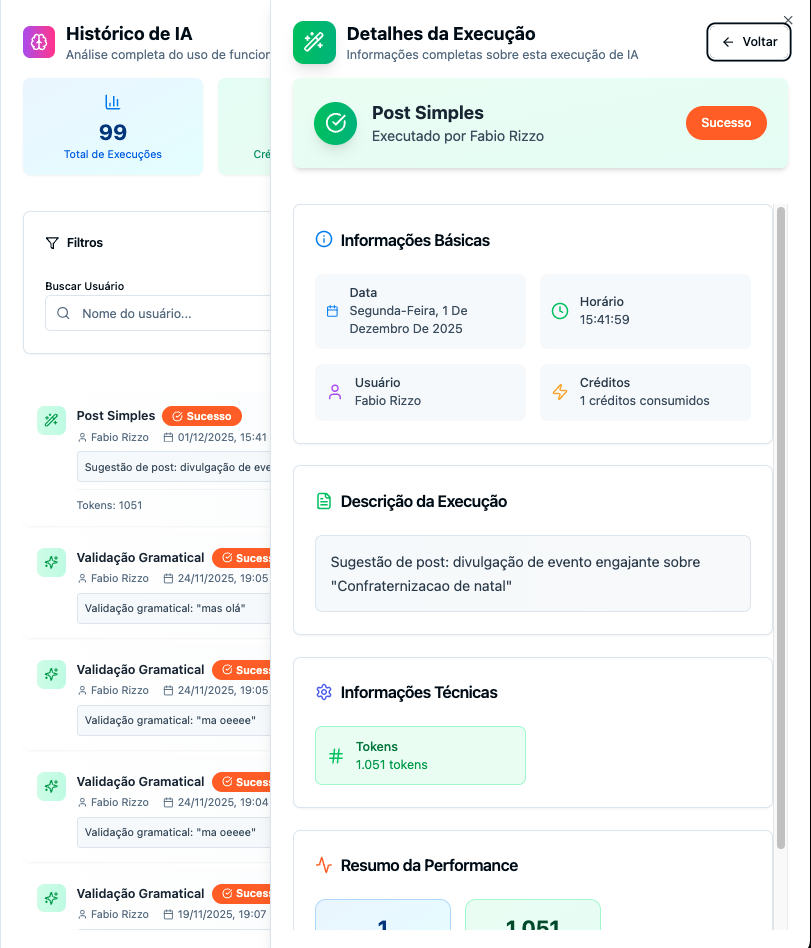 Detalhes de execução e histórico de IA