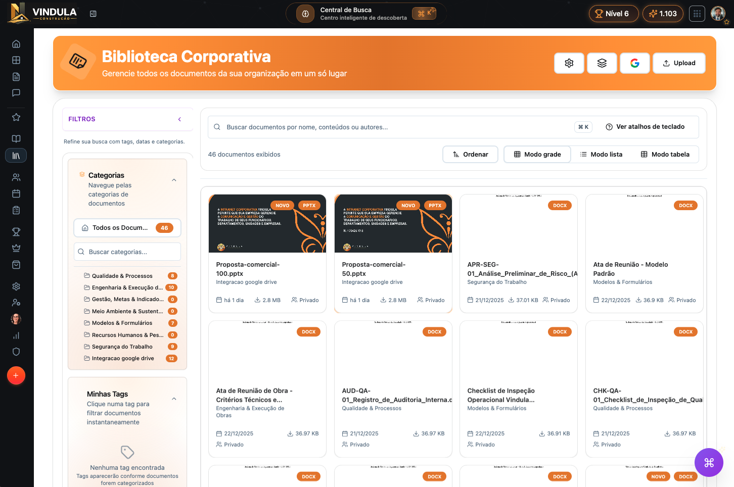 Biblioteca corporativa com documentos organizados e versionados