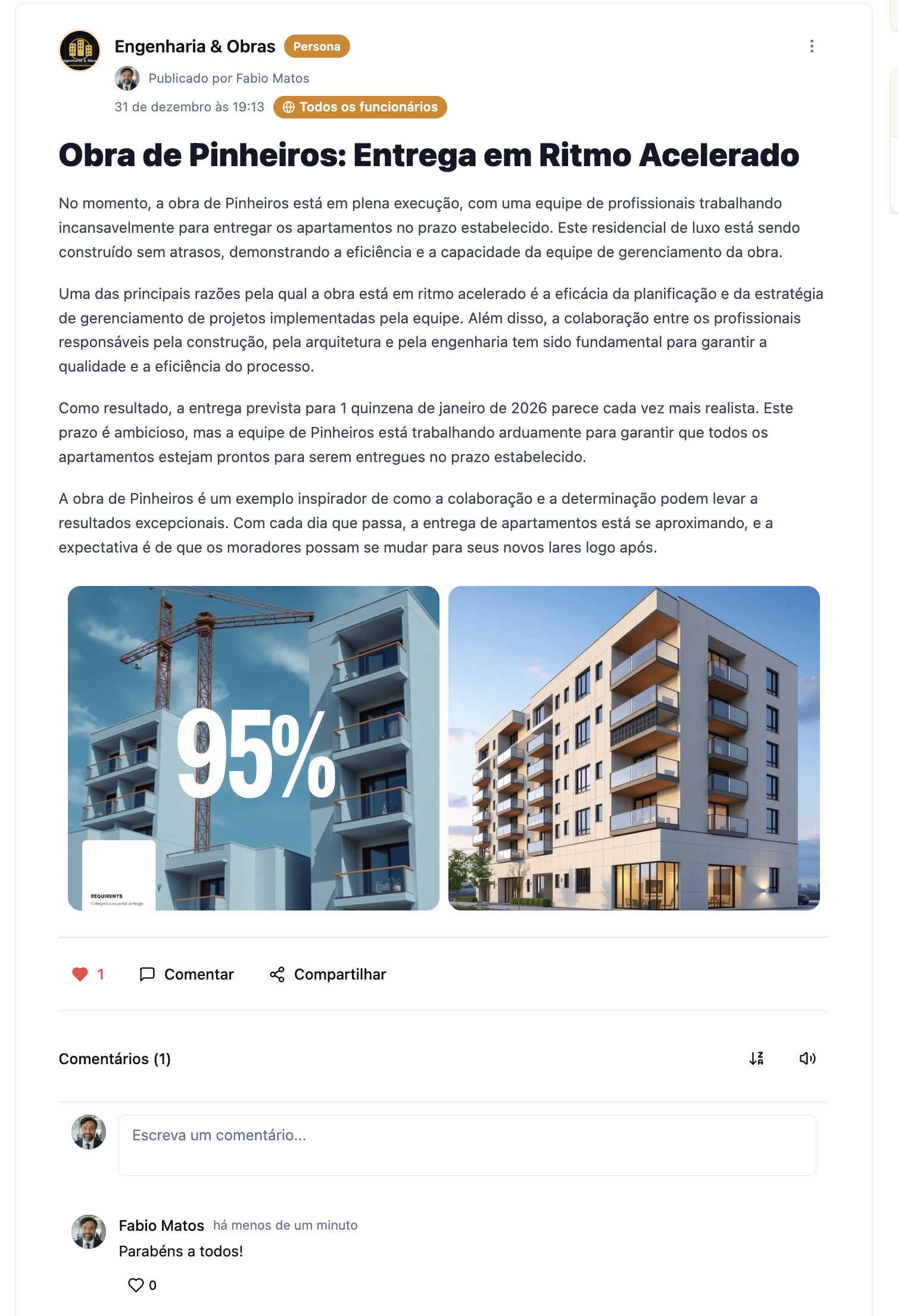 Feed com comunicado segmentado, badge de público e reações