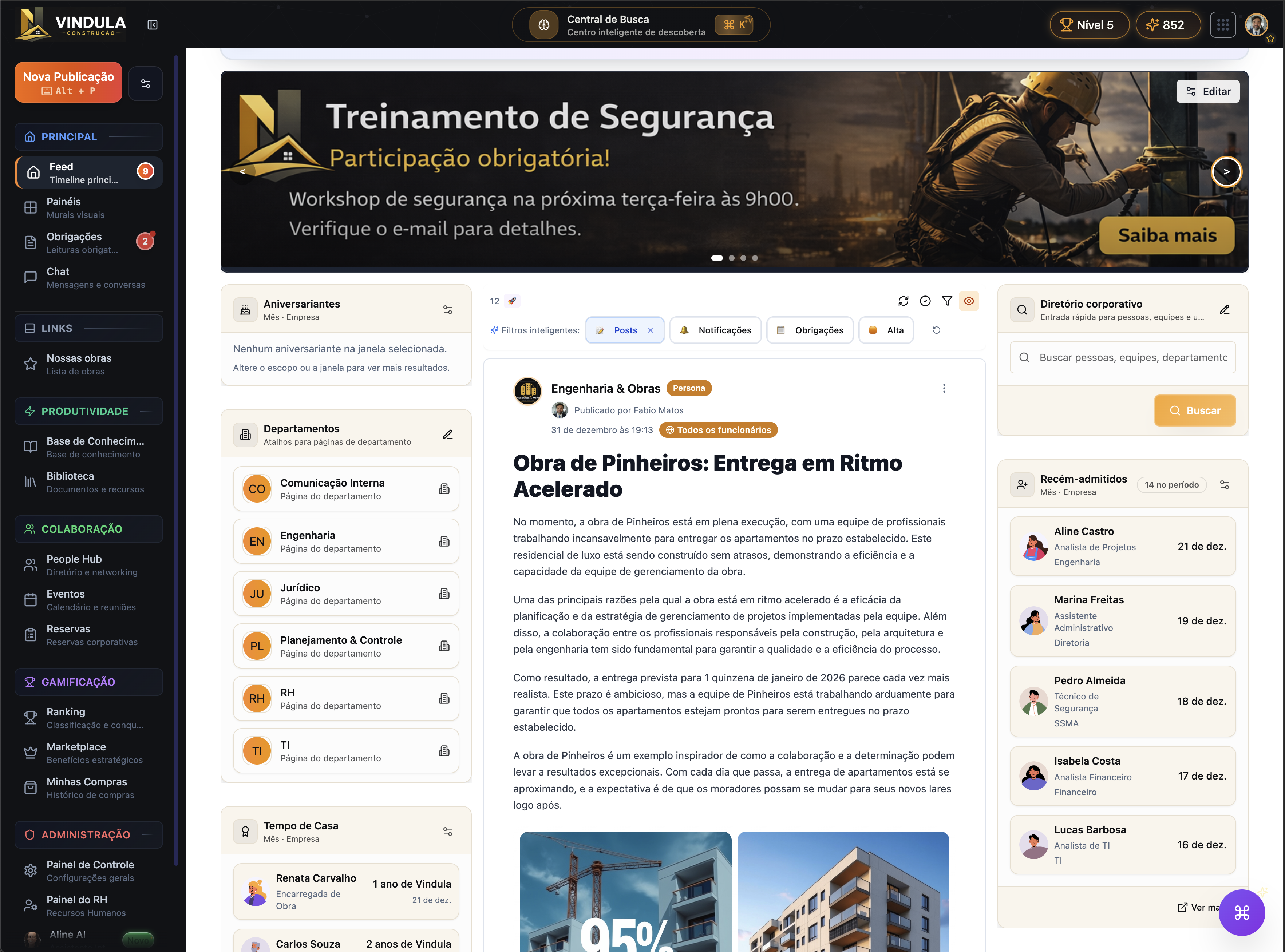 Tela principal do RH para construcao civil