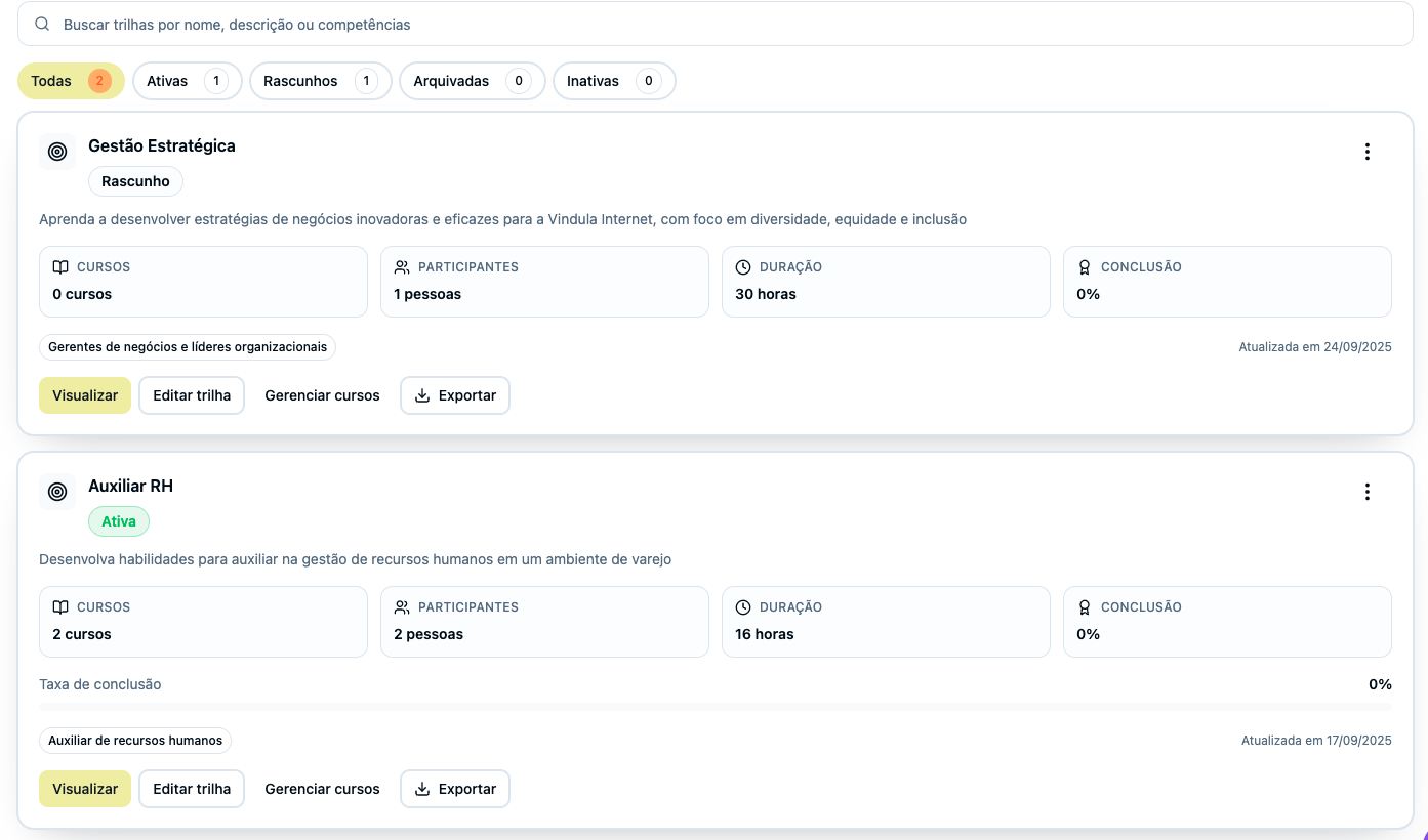 Execução de aulas e progresso por trilha